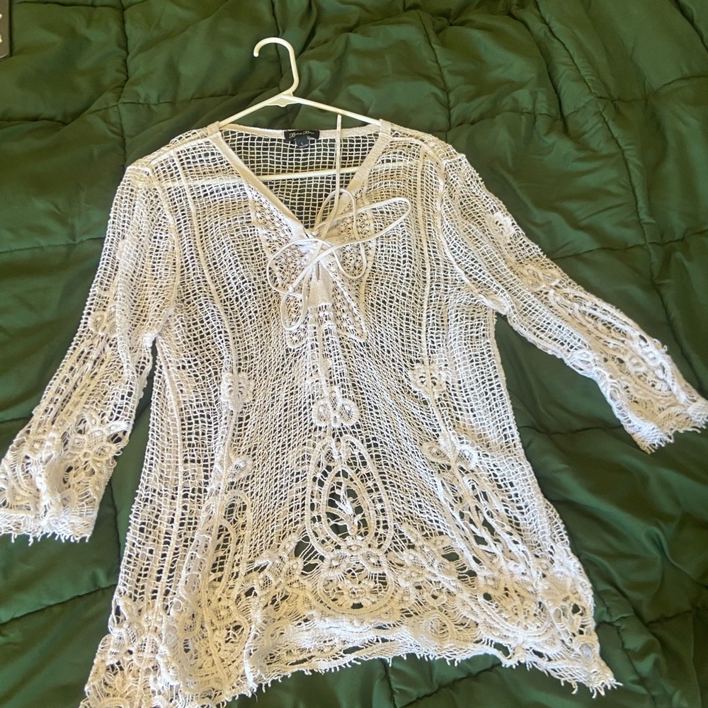 Brittany Black White Crochet Swim Coverup with Floral Pattern